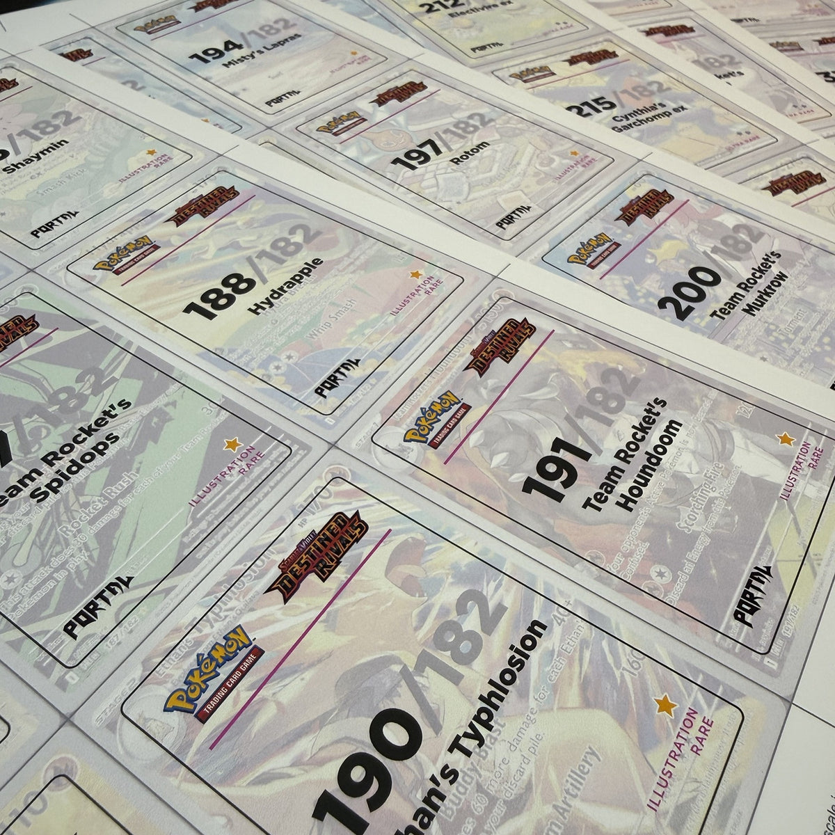 Close up of printed Destined Rivals placeholder cards, Portal TCG