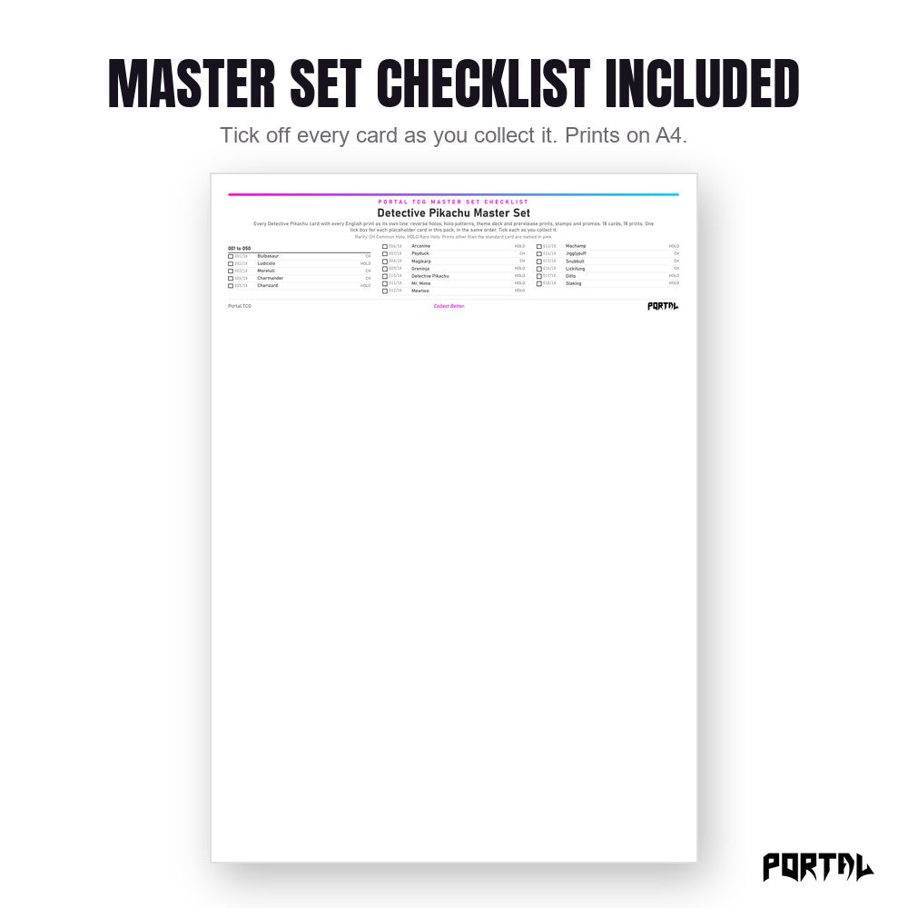 Pokemon Detective Pikachu master set placeholders, the checklist included in the download, Portal TCG