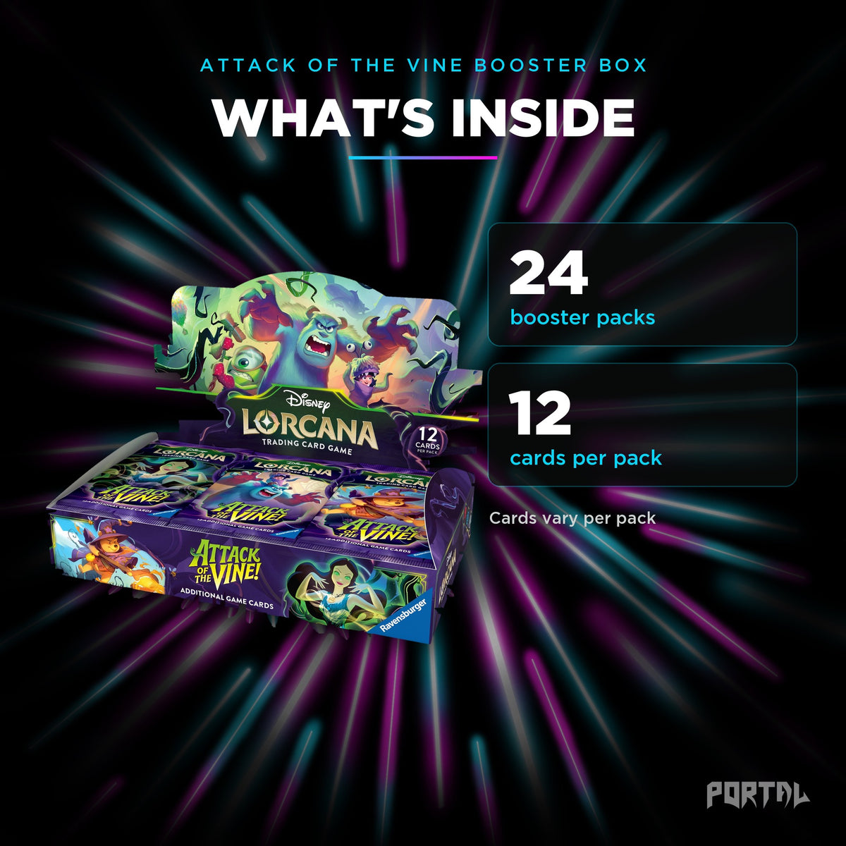 Attack of the Vine booster box, what's inside: 24 booster packs, 12 cards per pack, Portal TCG