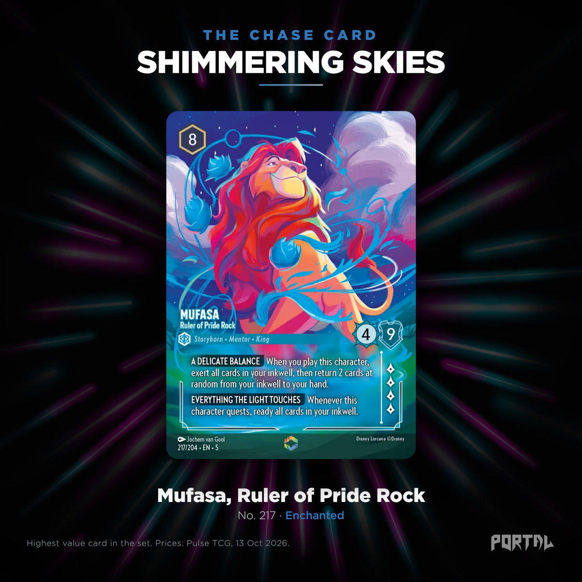 Shimmering Skies chase card: Mufasa, Ruler of Pride Rock, Portal TCG