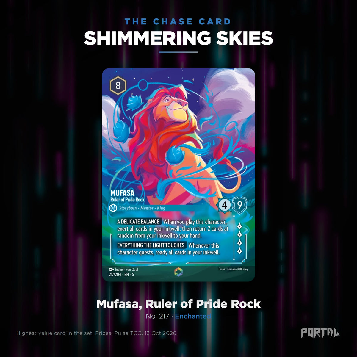 Shimmering Skies chase card: Mufasa, Ruler of Pride Rock, Portal TCG