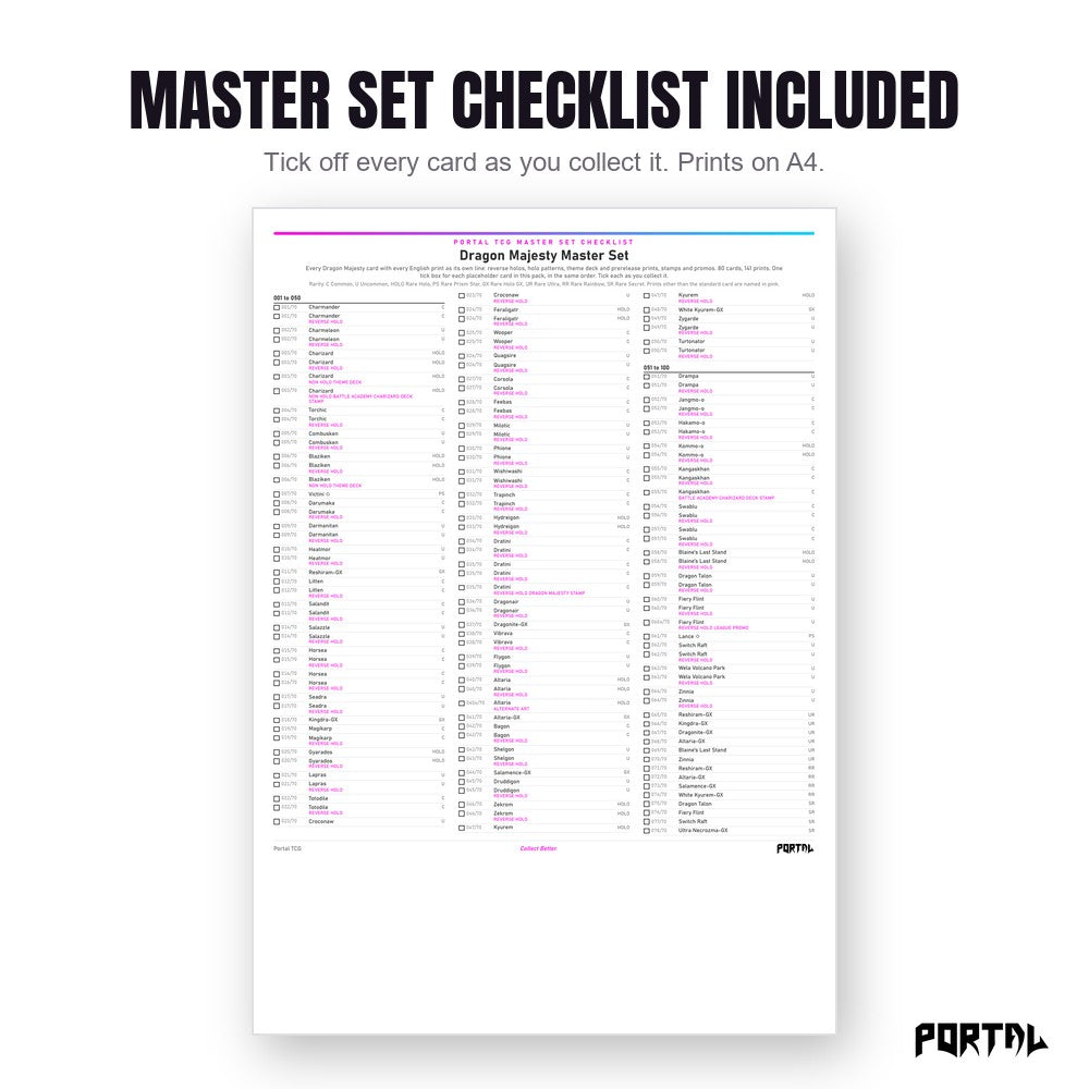 Pokemon Dragon Majesty master set placeholders, the checklist included in the download, Portal TCG