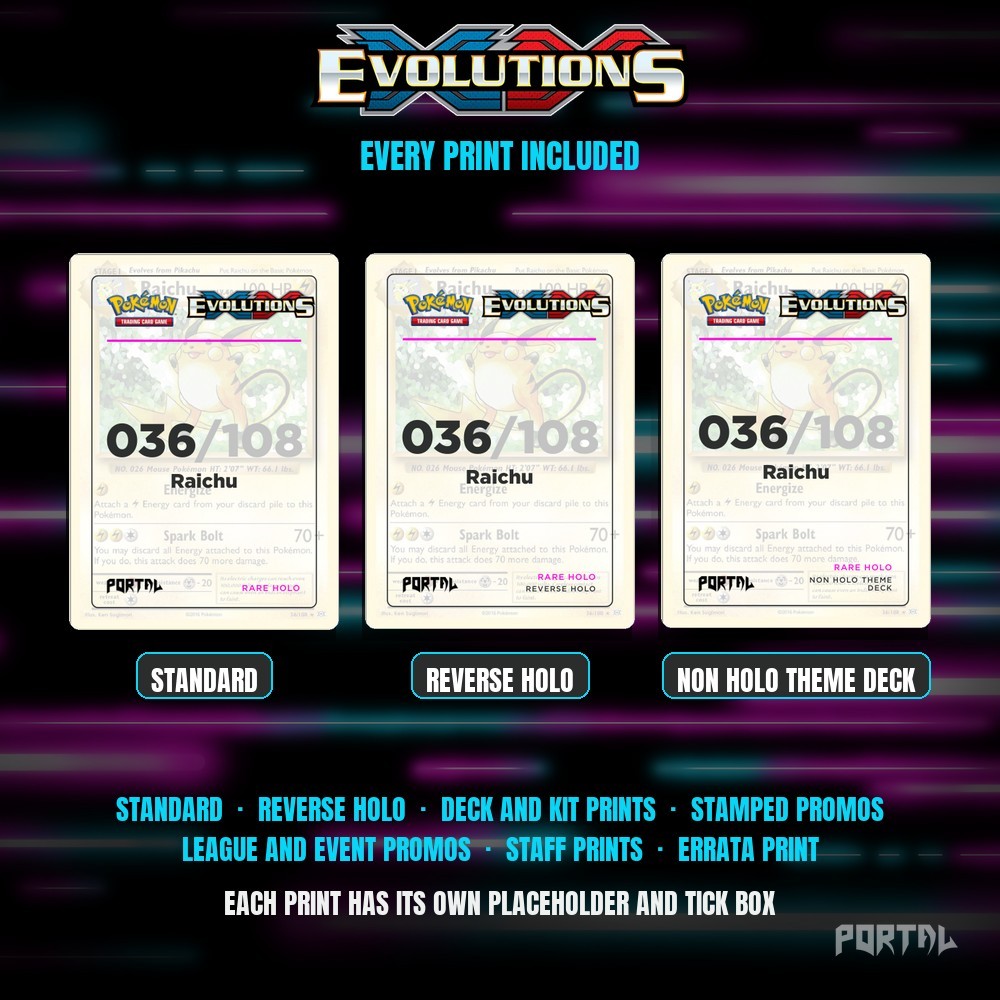 Pokemon Evolutions master set placeholders, every print included, Portal TCG