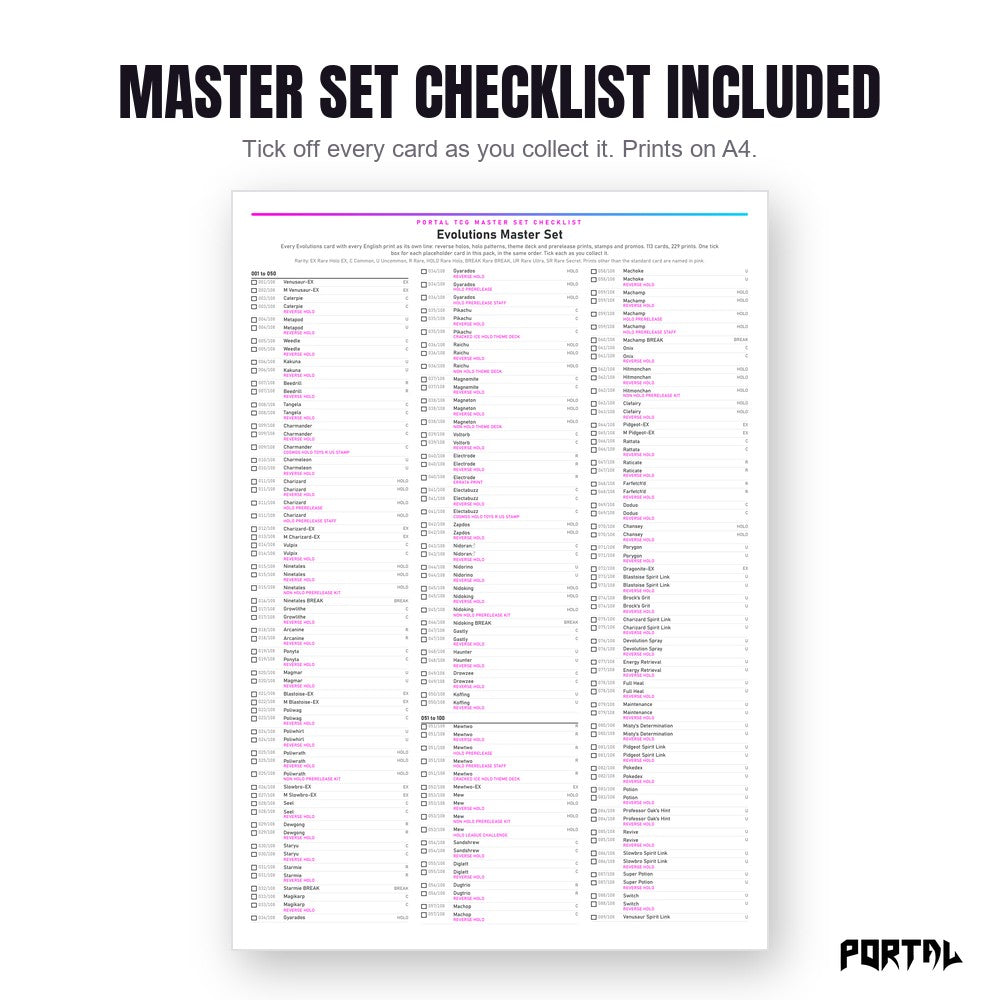 Pokemon Evolutions master set placeholders, the checklist included in the download, Portal TCG