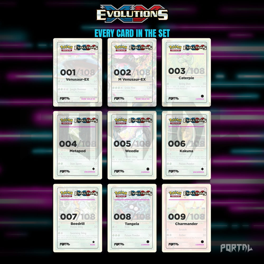 Pokemon Evolutions master set placeholders, binder page, Portal TCG