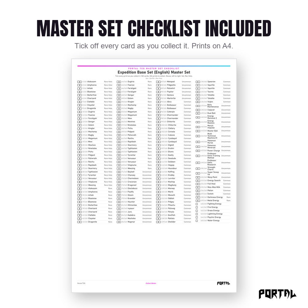 Pokemon Expedition Base Set master set placeholders, the checklist included in the download, Portal TCG