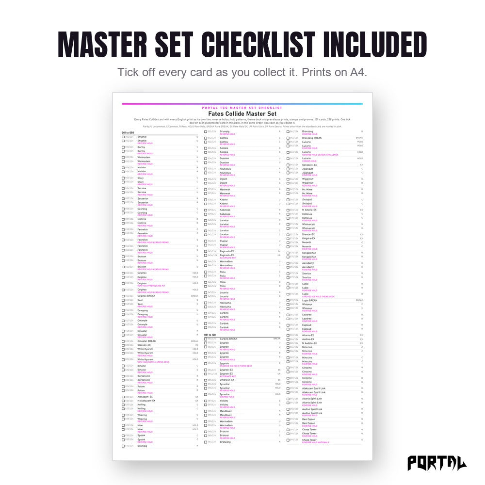 Pokemon Fates Collide master set placeholders, the checklist included in the download, Portal TCG