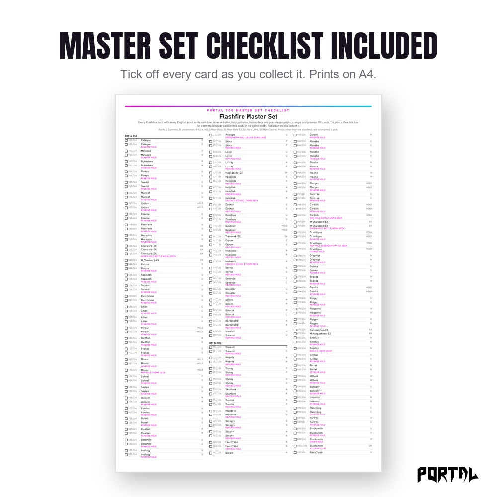 Pokemon Flashfire master set placeholders, the checklist included in the download, Portal TCG