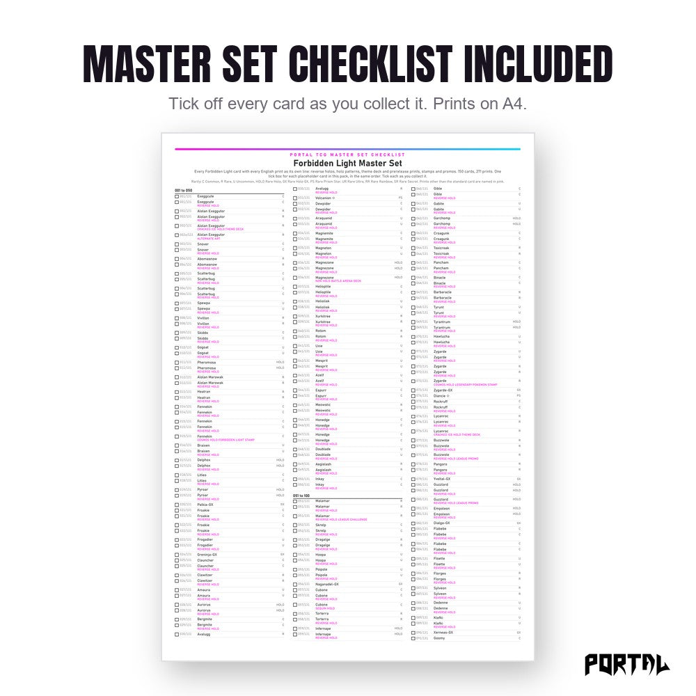 Pokemon Forbidden Light master set placeholders, the checklist included in the download, Portal TCG