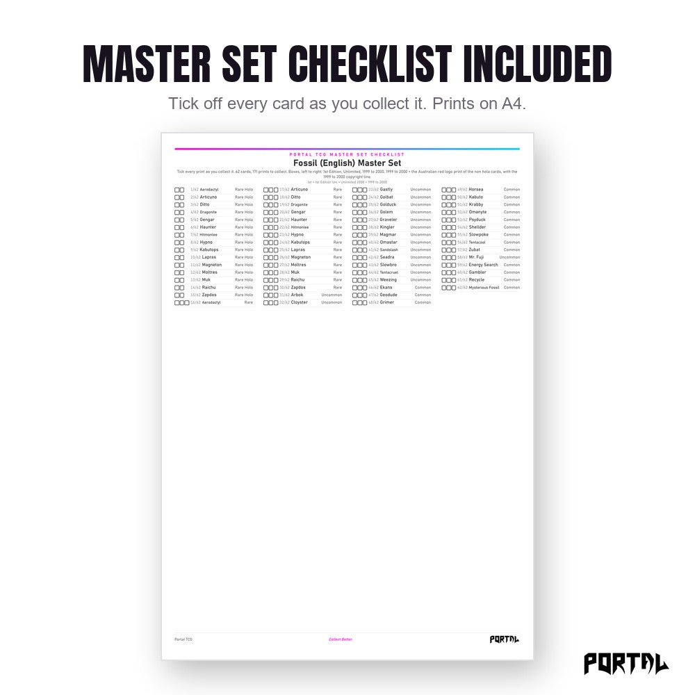 Pokemon Fossil master set placeholders, the checklist included in the download, Portal TCG