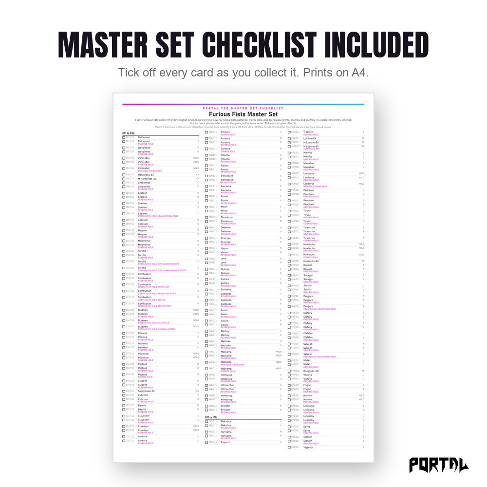 Pokemon Furious Fists master set placeholders, the checklist included in the download, Portal TCG
