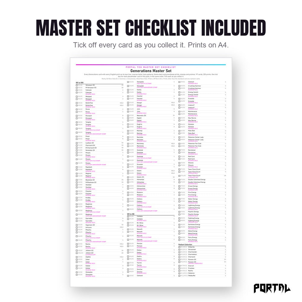 Pokemon Generations master set placeholders, the checklist included in the download, Portal TCG