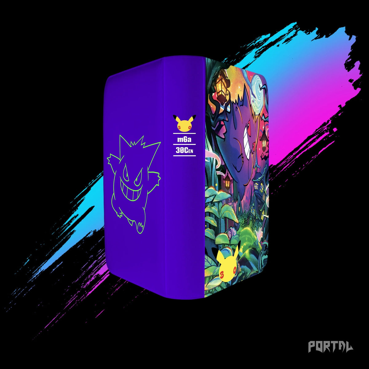 Pokemon Gengar 30th Anniversary binder, back, spine and front together, spine label and 30th logo, Portal TCG