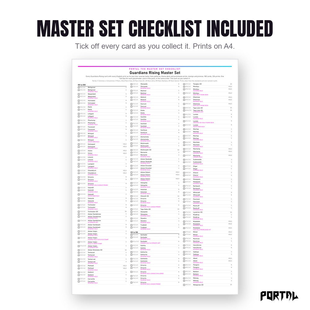 Pokemon Guardians Rising master set placeholders, the checklist included in the download, Portal TCG