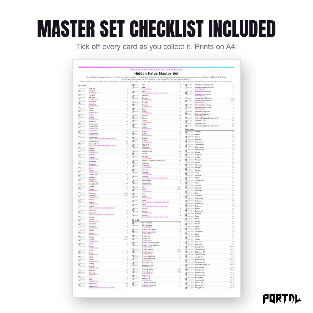 Pokemon Hidden Fates master set placeholders, the checklist included in the download, Portal TCG