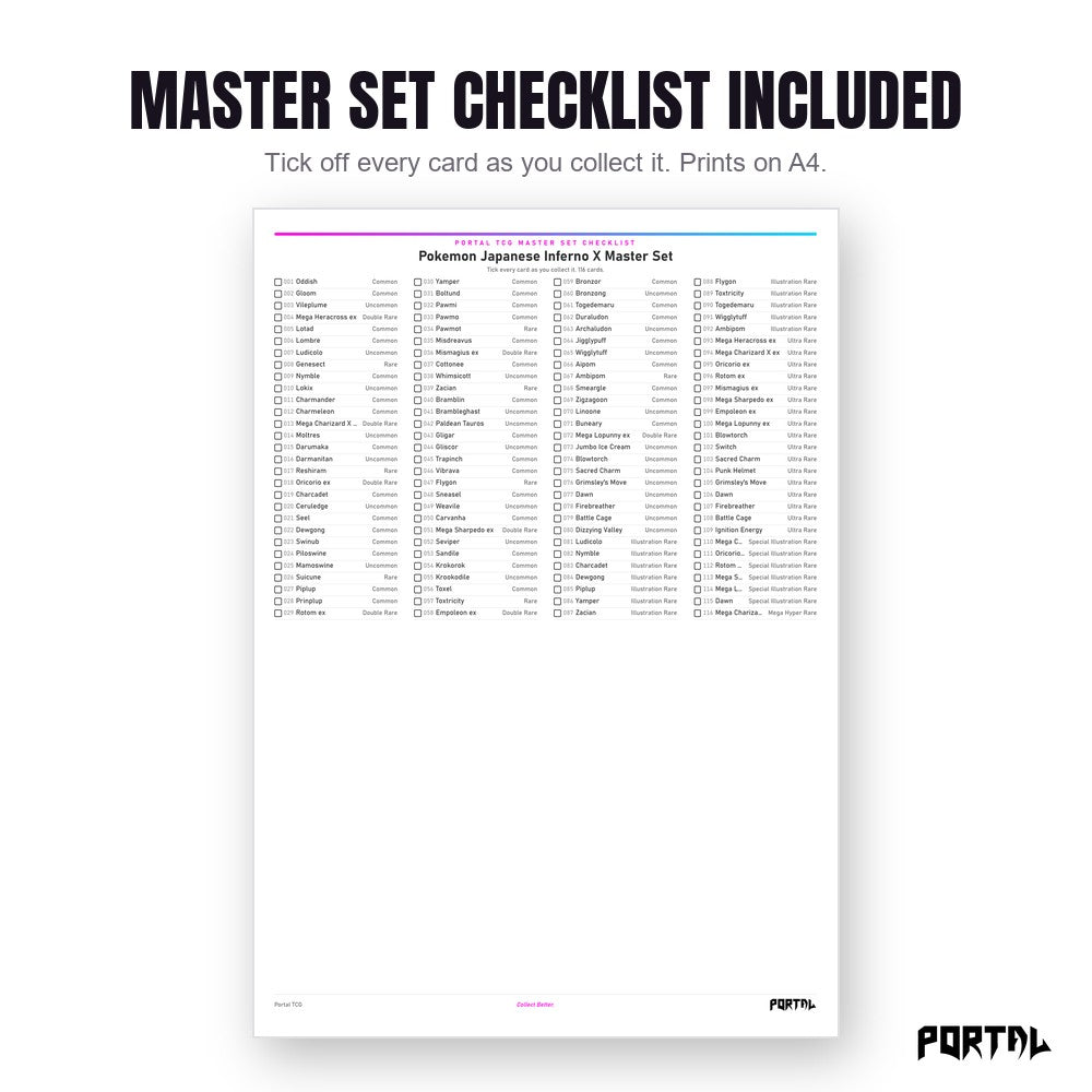 Inferno X master set placeholders, checklist included, Portal TCG
