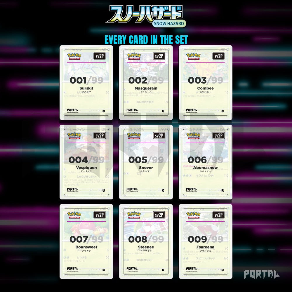 Snow Hazard placeholder cards laid out in a nine pocket binder page