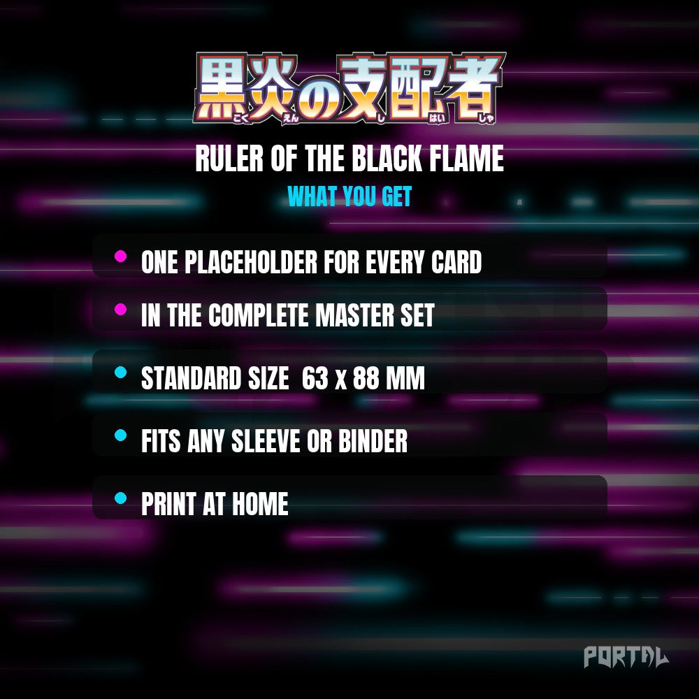 Ruler of the Black Flame master set placeholder cards, what is included