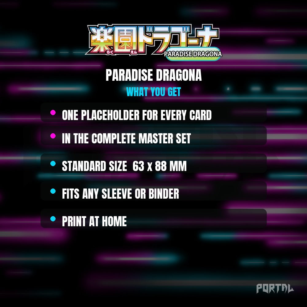 Paradise Dragona master set placeholder cards, what is included