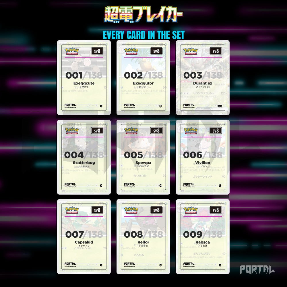 Supercharged Breaker placeholder cards laid out in a nine pocket binder page