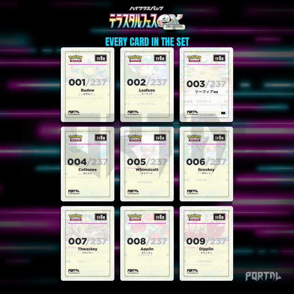 Terastal Festival placeholder cards laid out in a nine pocket binder page