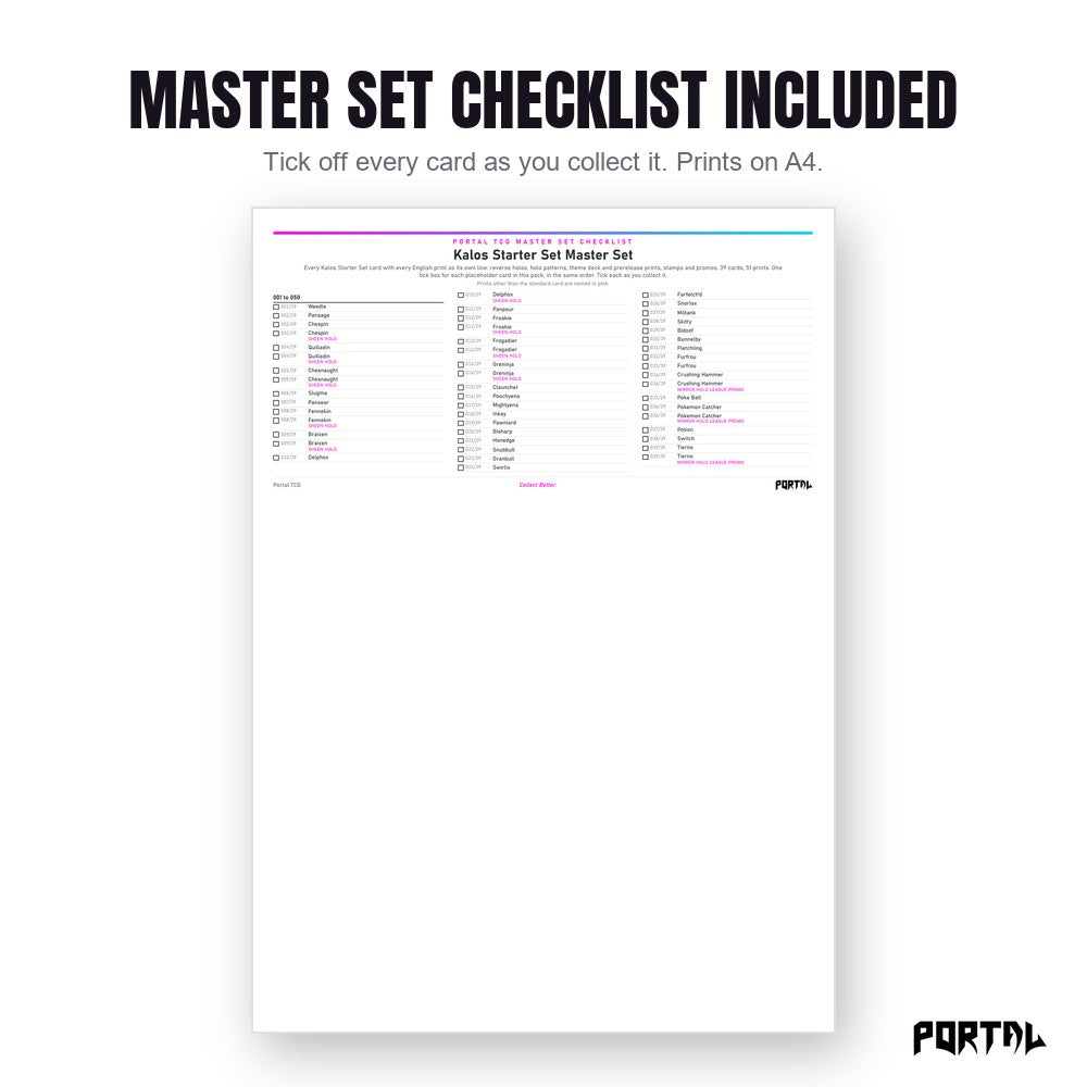 Pokemon Kalos Starter Set master set placeholders, the checklist included in the download, Portal TCG