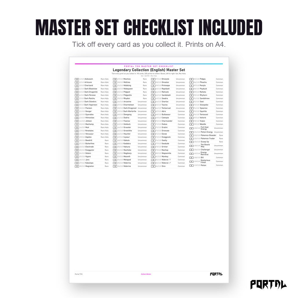 Pokemon Legendary Collection master set placeholders, the checklist included in the download, Portal TCG
