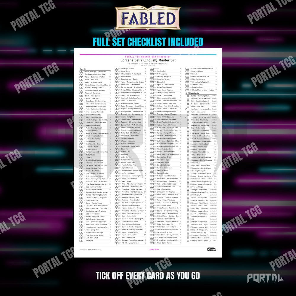 Disney Lorcana Fabled master set placeholders, set checklist included, Portal TCG