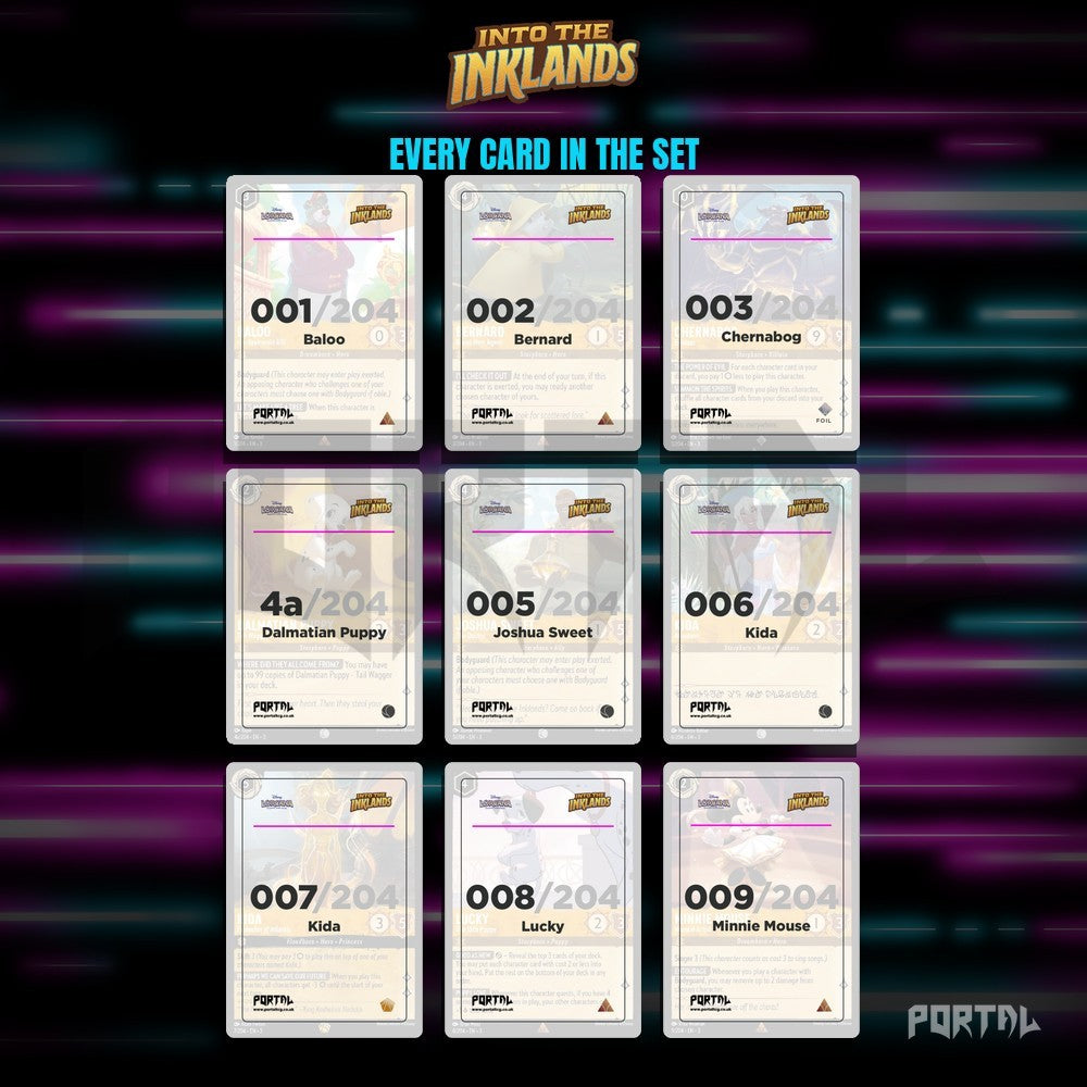 Disney Lorcana Into the Inklands master set placeholders, placeholders in a binder page, Portal TCG