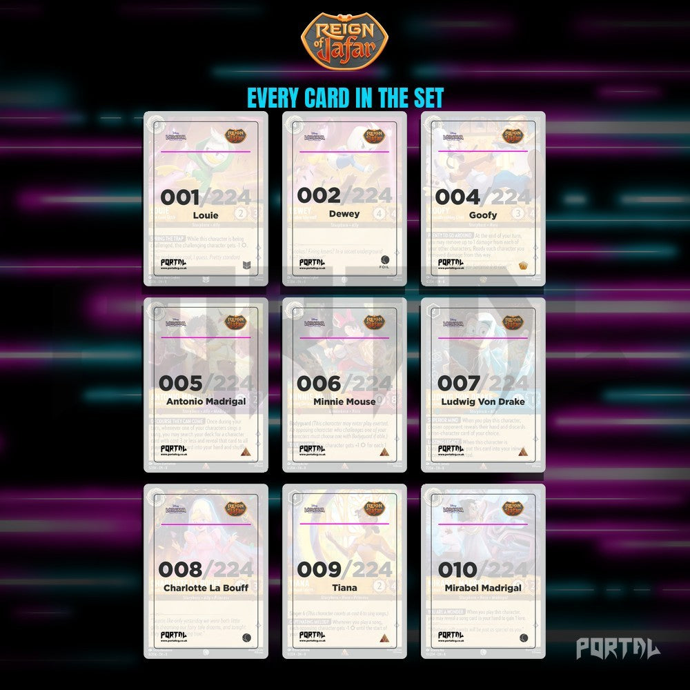 Disney Lorcana Reign of Jafar master set placeholders, placeholders in a binder page, Portal TCG