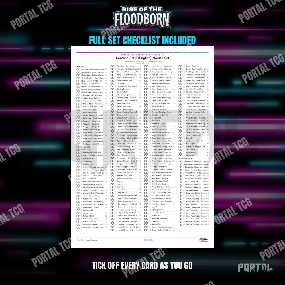 Disney Lorcana Rise of the Floodborn master set placeholders, set checklist included, Portal TCG
