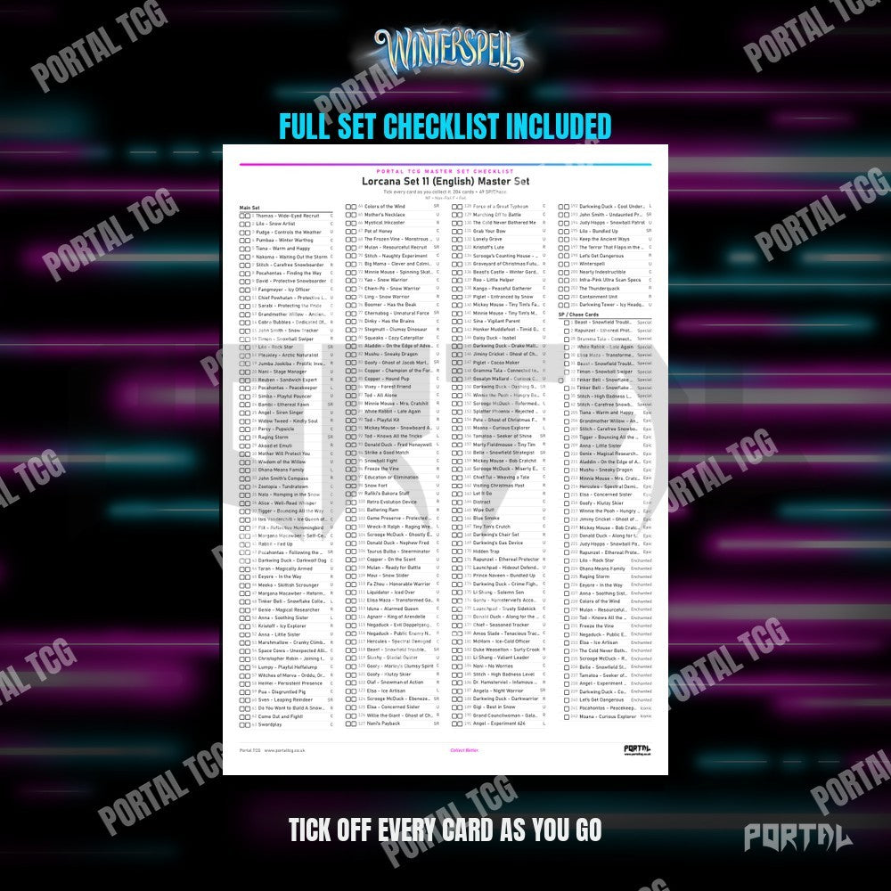 Disney Lorcana Winterspell master set placeholders, set checklist included, Portal TCG