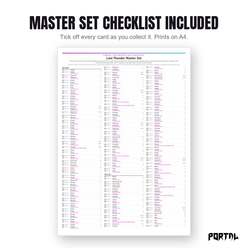Pokemon Lost Thunder master set placeholders, the checklist included in the download, Portal TCG