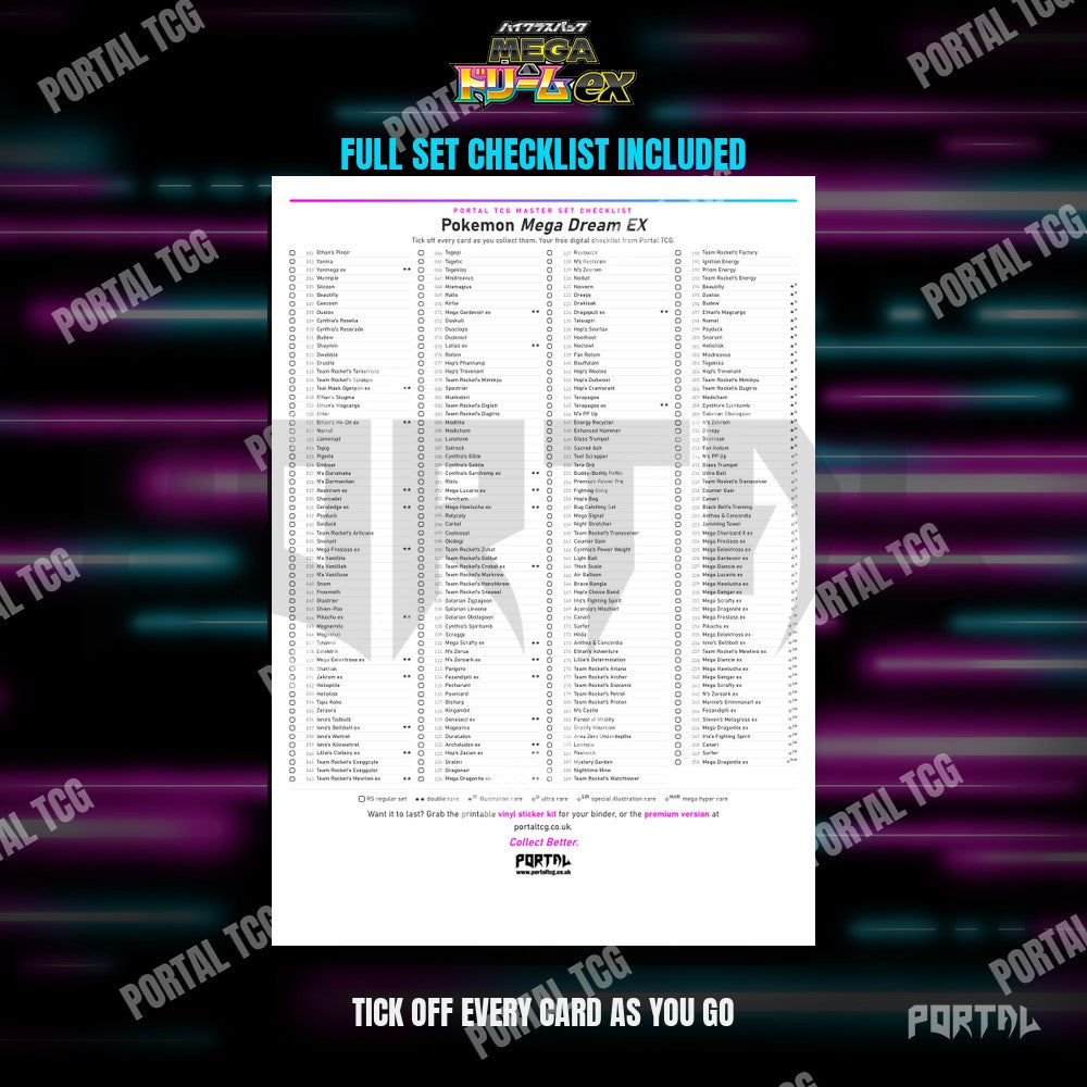 The free Mega Dream EX master set checklist included with the placeholders