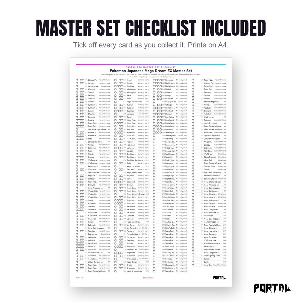 Mega Dream EX master set placeholders, checklist included, Portal TCG