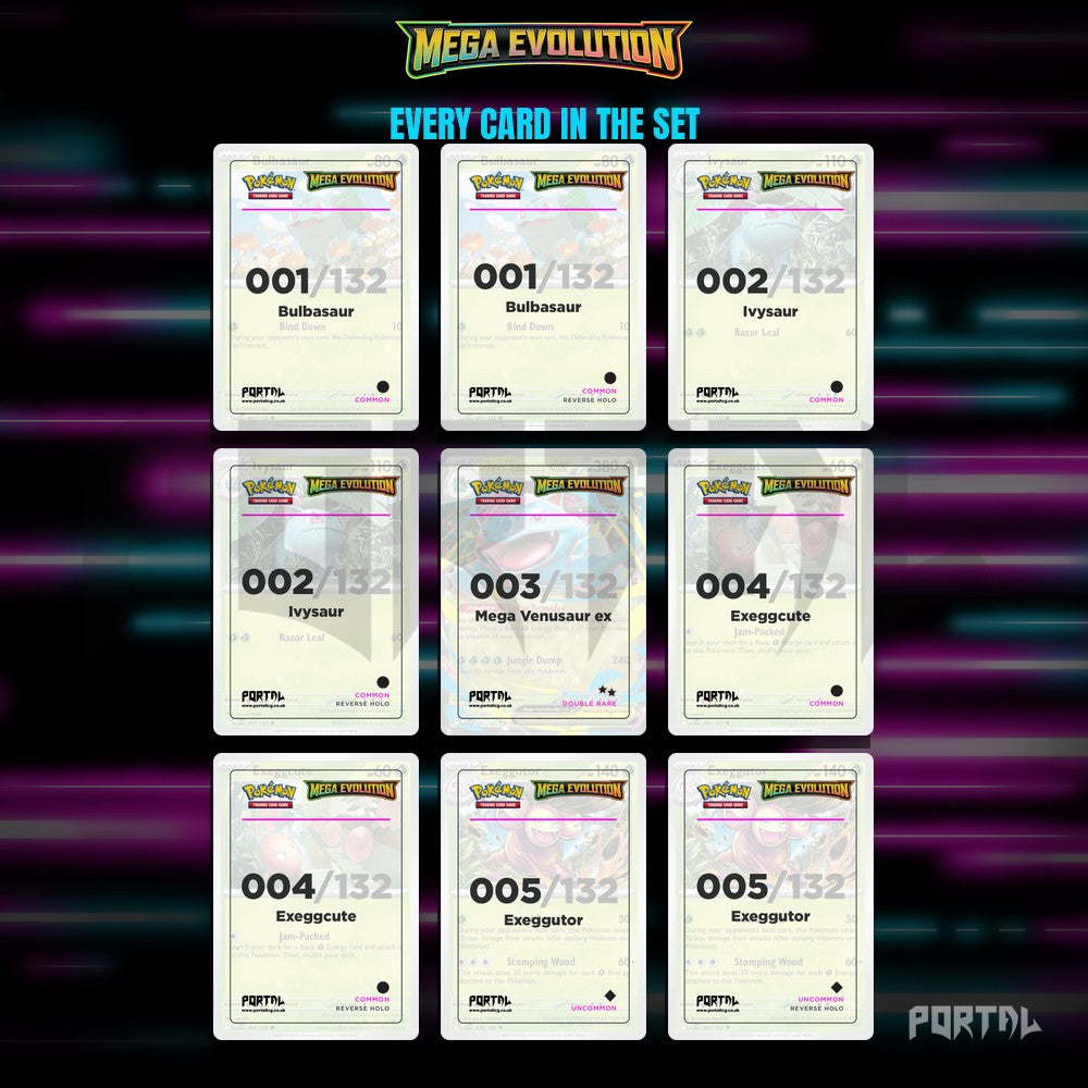 Mega Evolution placeholder cards laid out in a nine pocket binder page