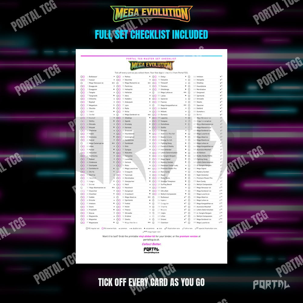 The free Mega Evolution master set checklist included with the placeholders