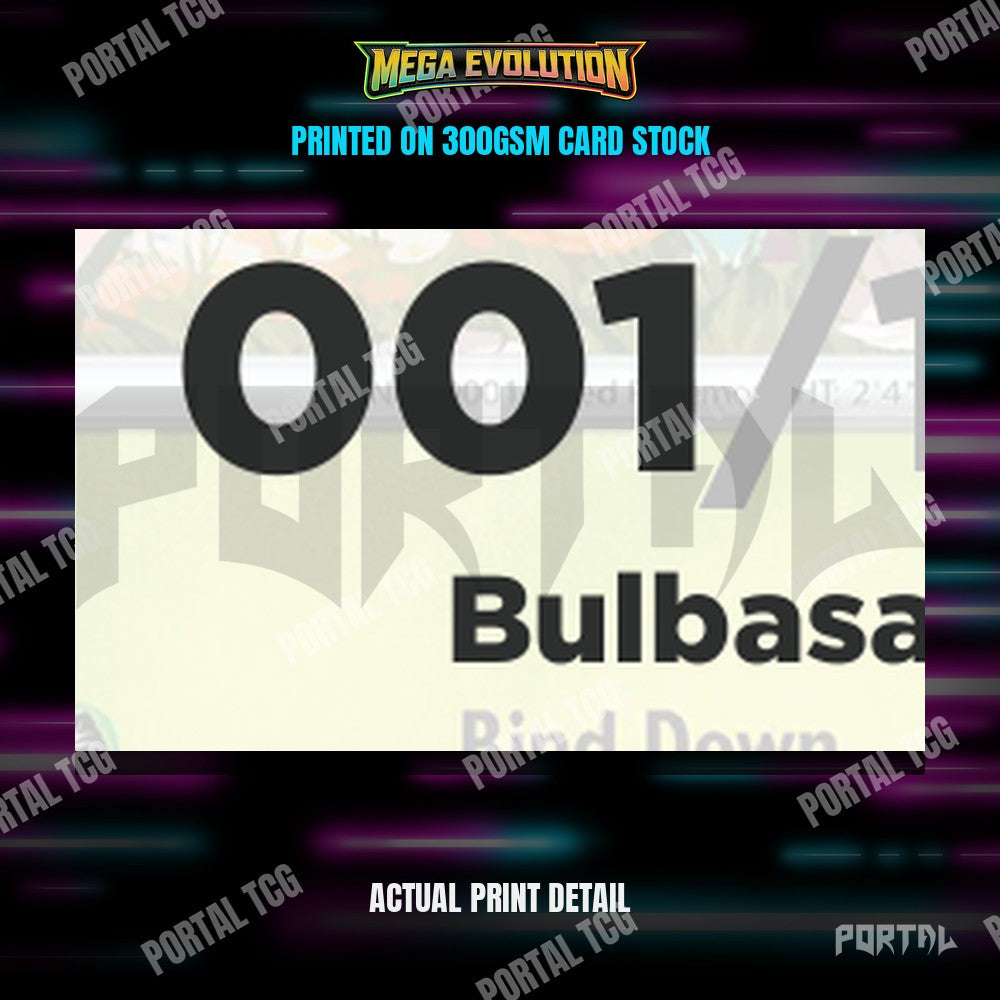 Close up of the print quality on a Mega Evolution placeholder card