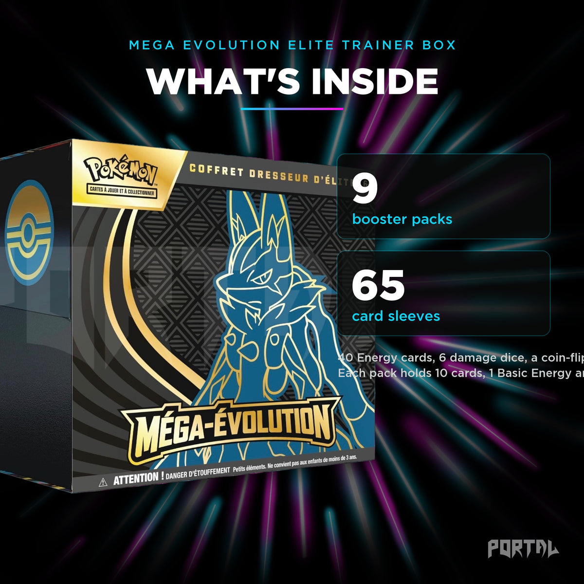 Pokemon Mega Evolution Lucario elite trainer box, what's inside, Portal TCG