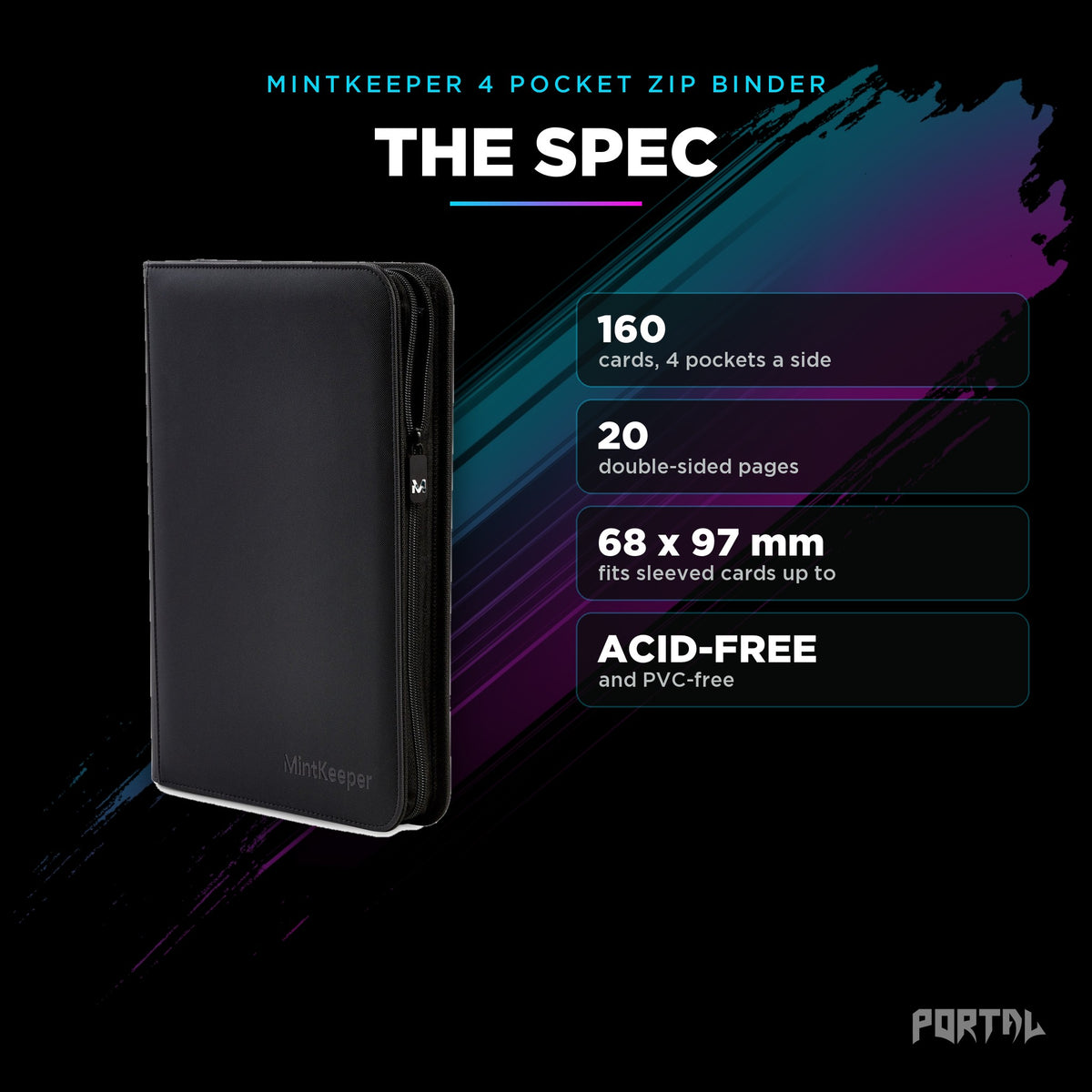MintKeeper 4 Pocket Premium Zip Trading Card Binder, specification, Portal TCG