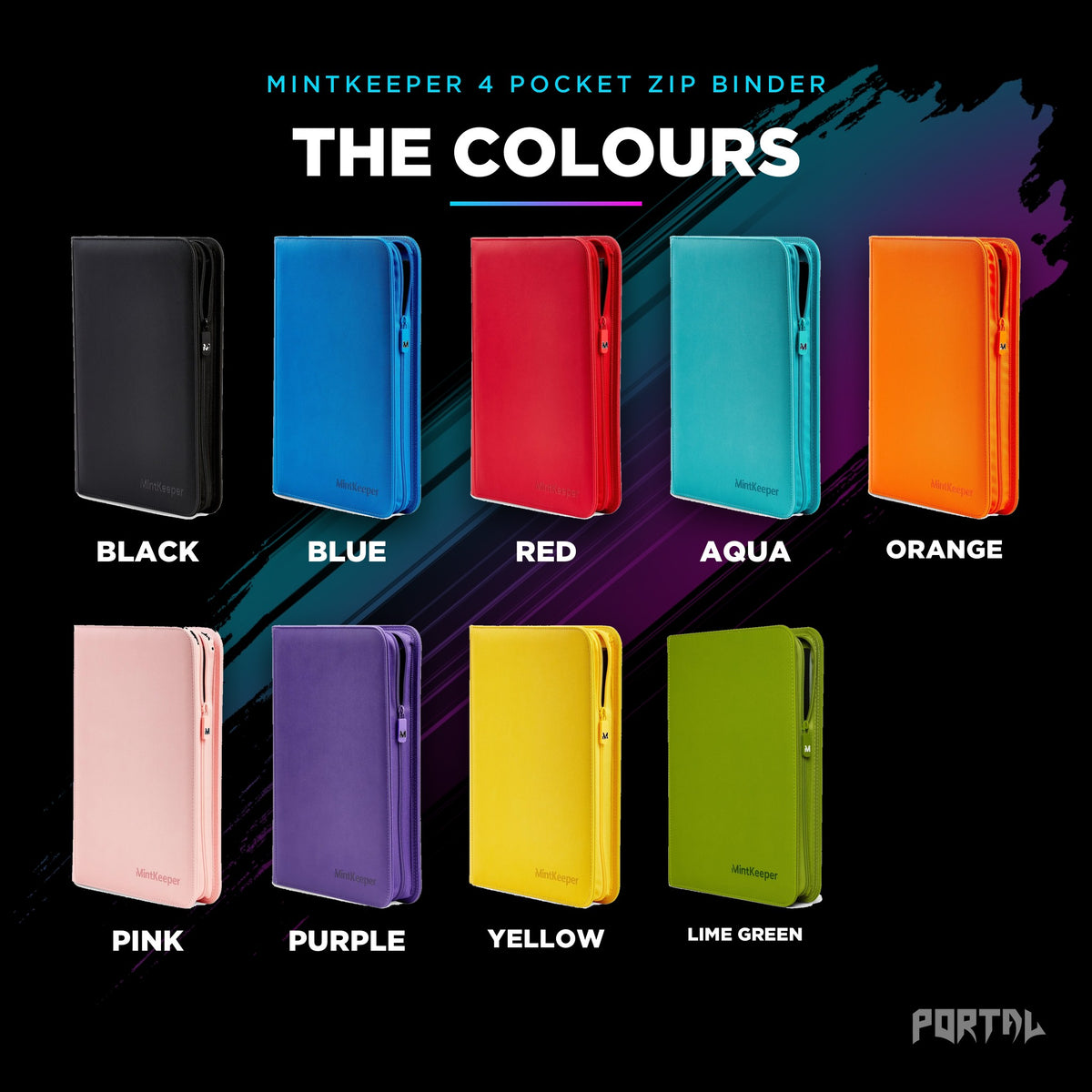 MintKeeper 4 Pocket Premium Zip Trading Card Binder, colour range, Portal TCG