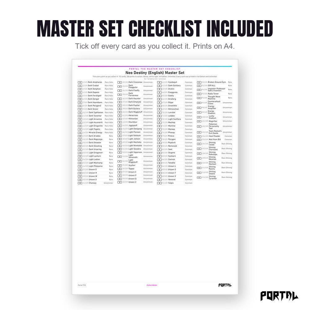 Pokemon Neo Destiny master set placeholders, the checklist included in the download, Portal TCG
