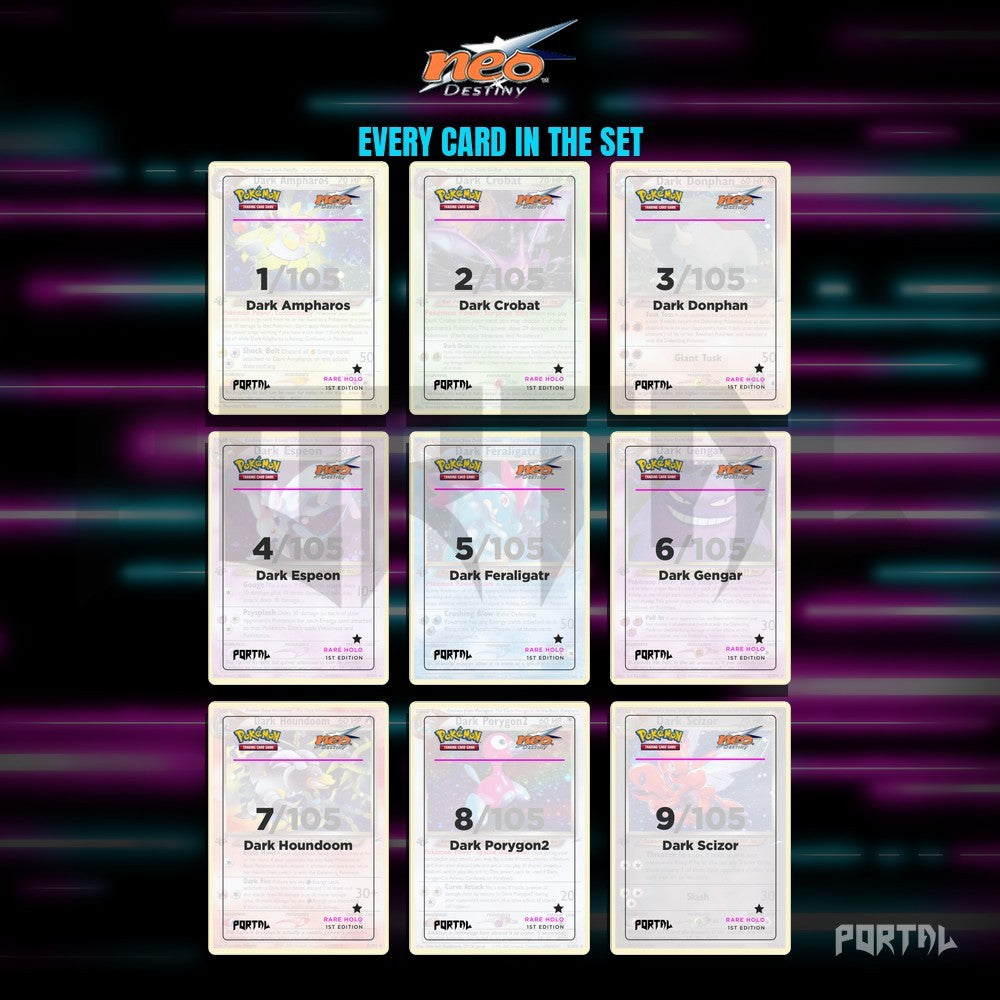 Pokemon Neo Destiny master set placeholders, binder page, Portal TCG