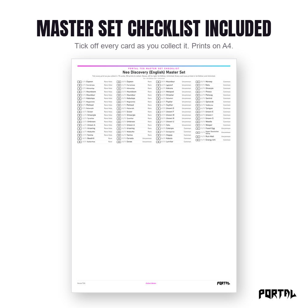 Pokemon Neo Discovery master set placeholders, the checklist included in the download, Portal TCG