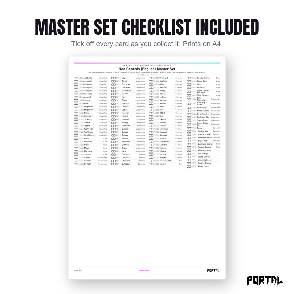 Pokemon Neo Genesis master set placeholders, the checklist included in the download, Portal TCG