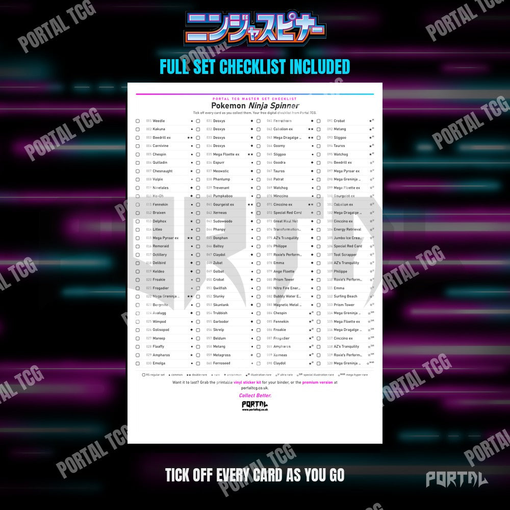 The free Ninja Spinner master set checklist included with the placeholders