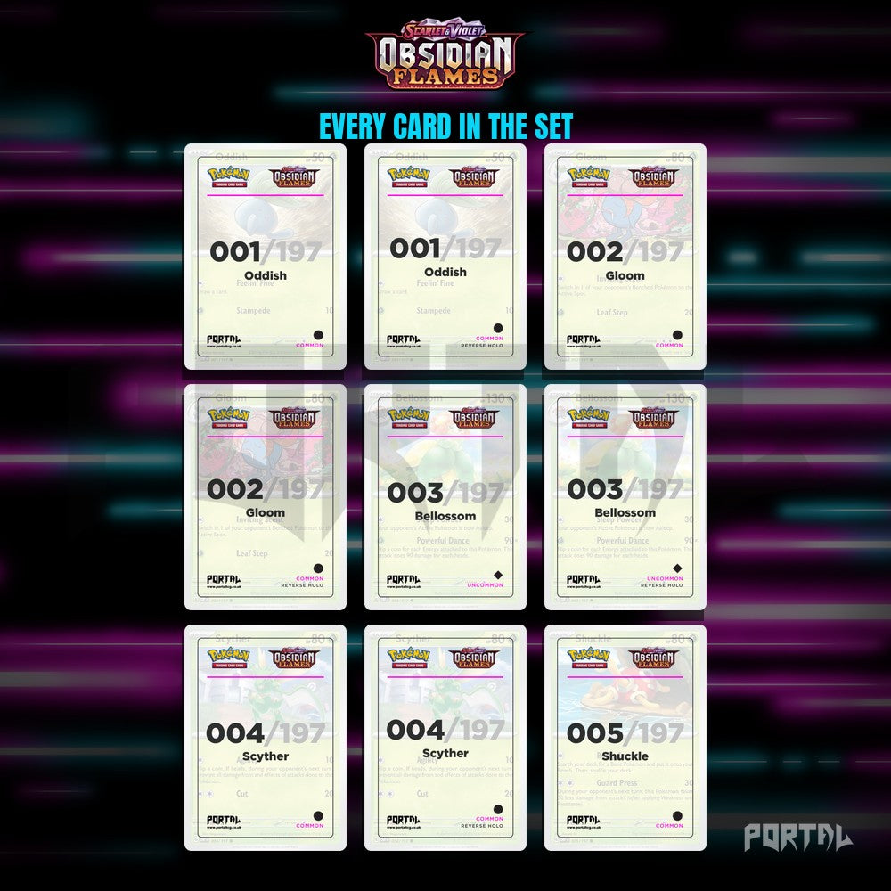 Obsidian Flames placeholder cards laid out in a nine pocket binder page