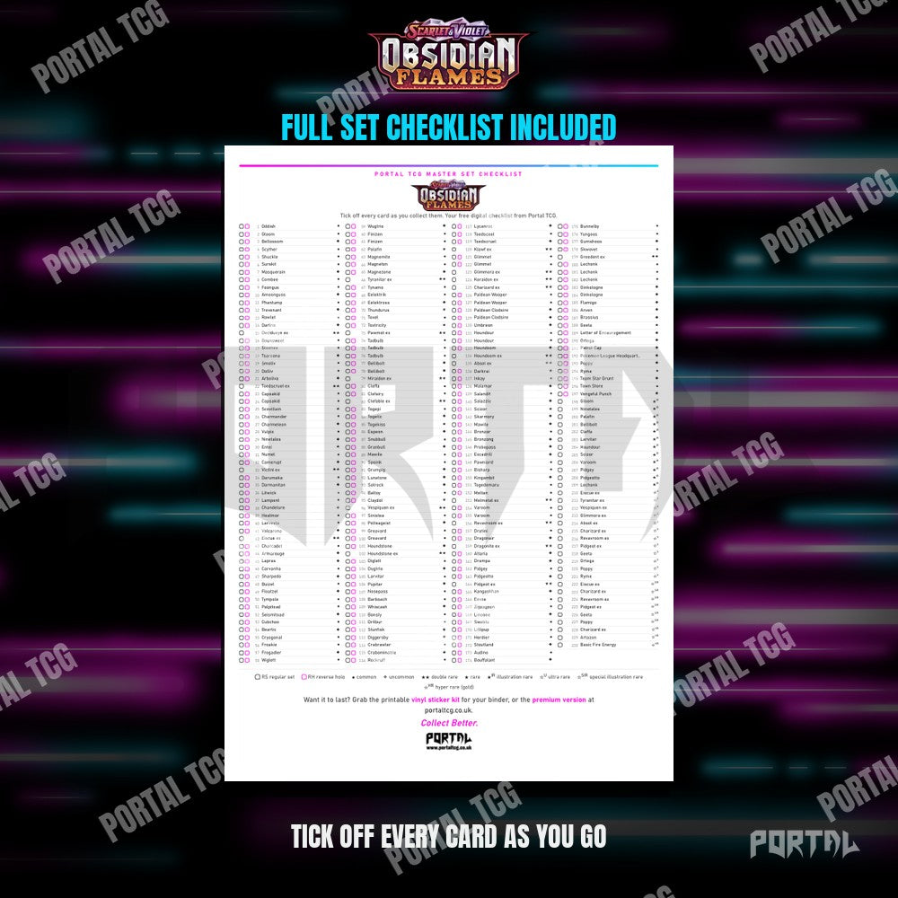 The free Obsidian Flames master set checklist included with the placeholders