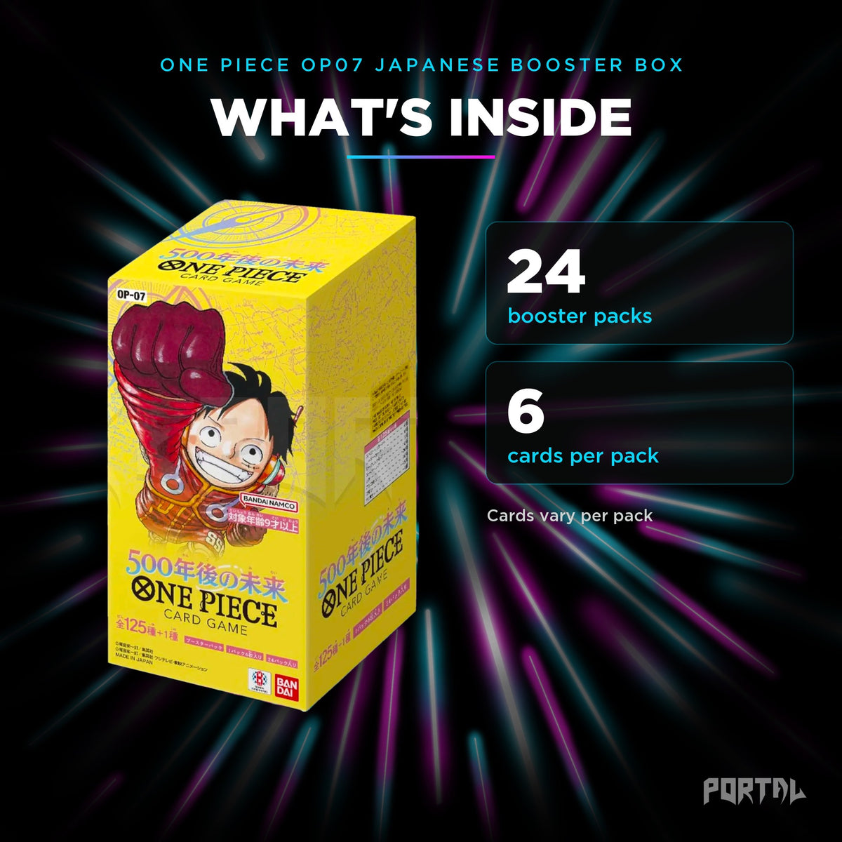 500 Years Into The Future Japanese booster box, what's inside: 24 booster packs, 6 cards per pack, Portal TCG