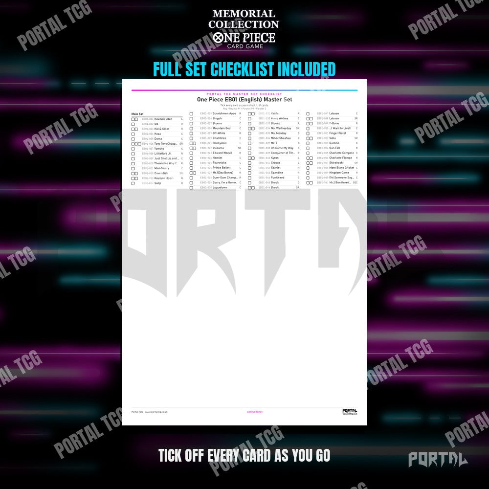 One Piece Memorial Collection master set placeholders, the free checklist included in the download, Portal TCG